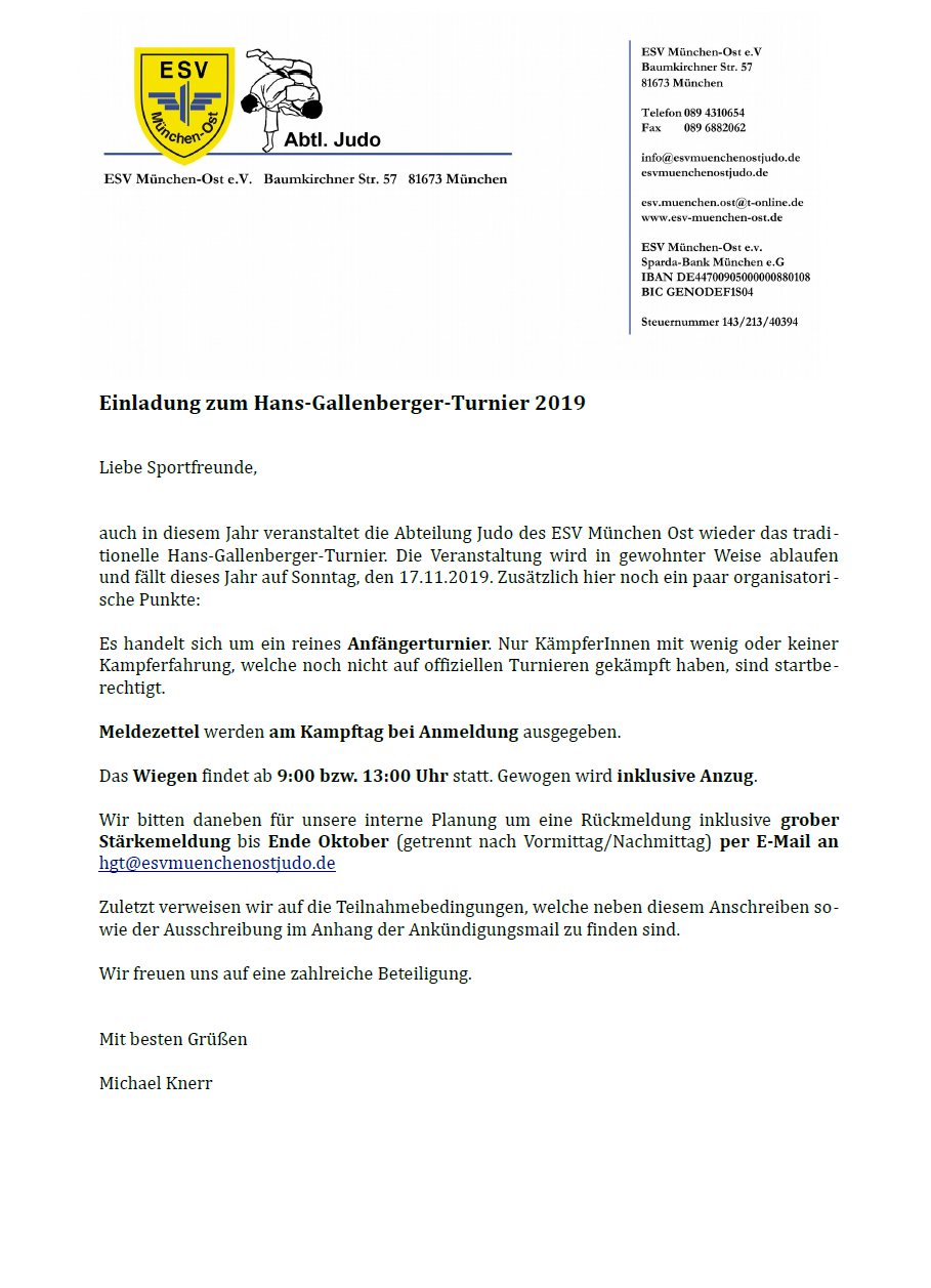 Hans Gallenberger Turnier - Ausschreibung 2019