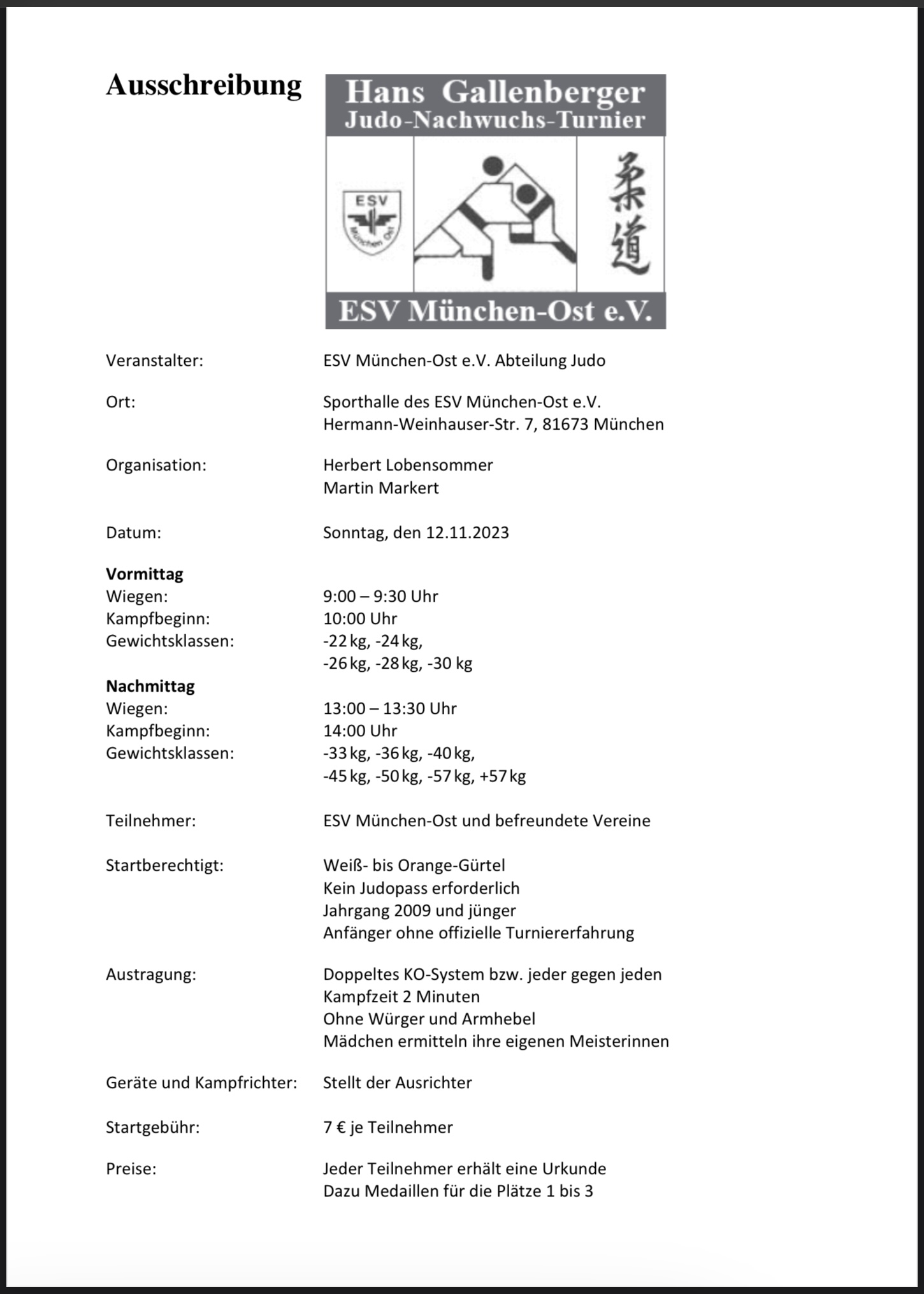 Hans Gallenberger Turnier - Ausschreibung 2023